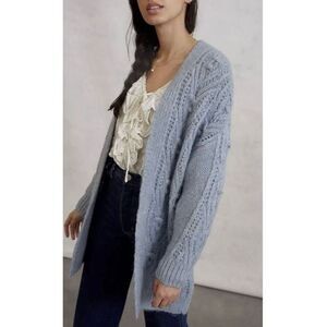 Anthropologie Nuria Cable Knit Cardigan Sweater Blue Women XS Petite Cozy Fuzzy